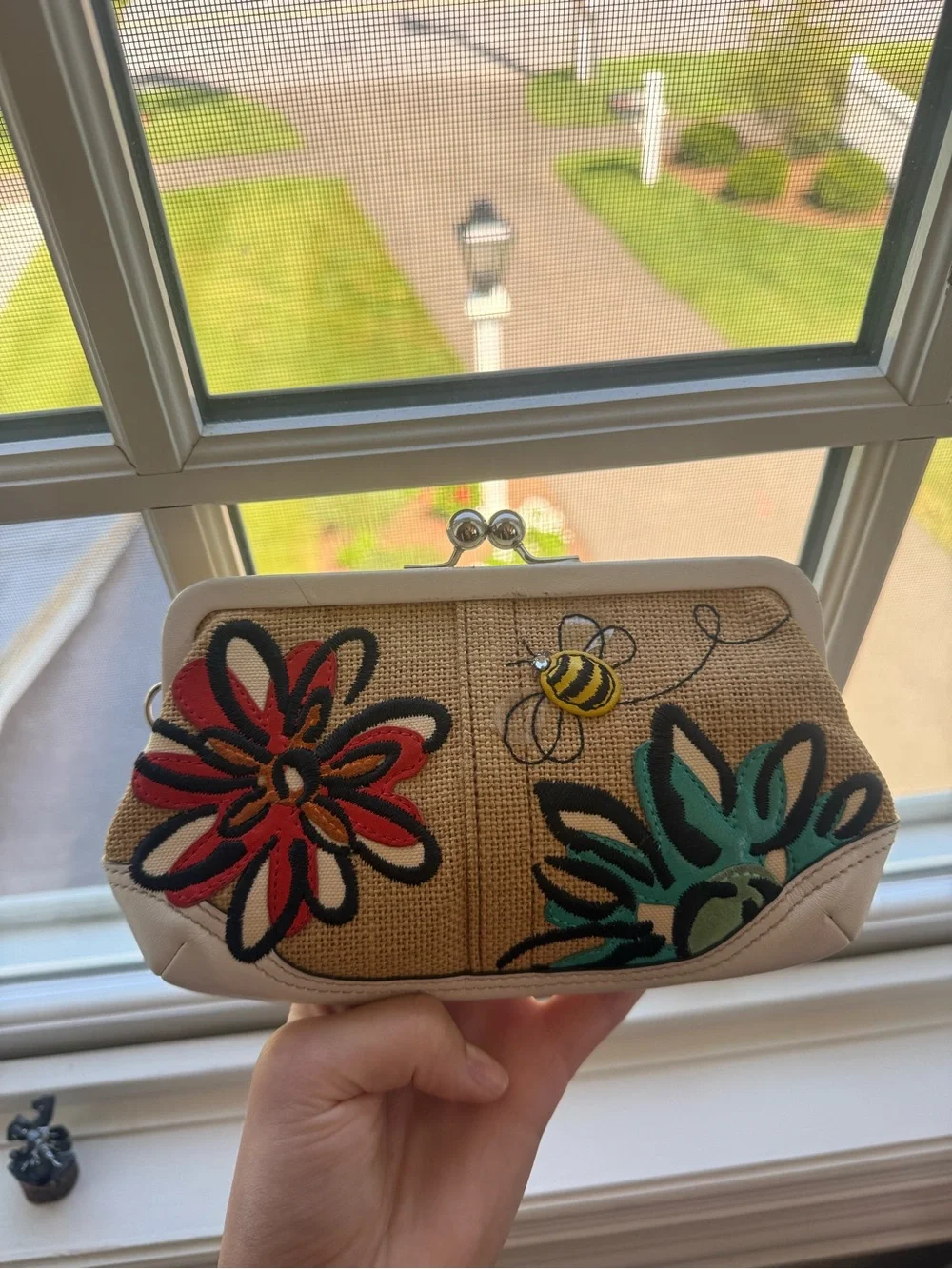 Coach Floral Bee Embroidered Clutch - Beige with Red & Teal Accents
